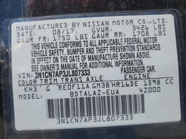 VIN 3N1CN7AP3JL807333 2018 Nissan Versa, S no.13