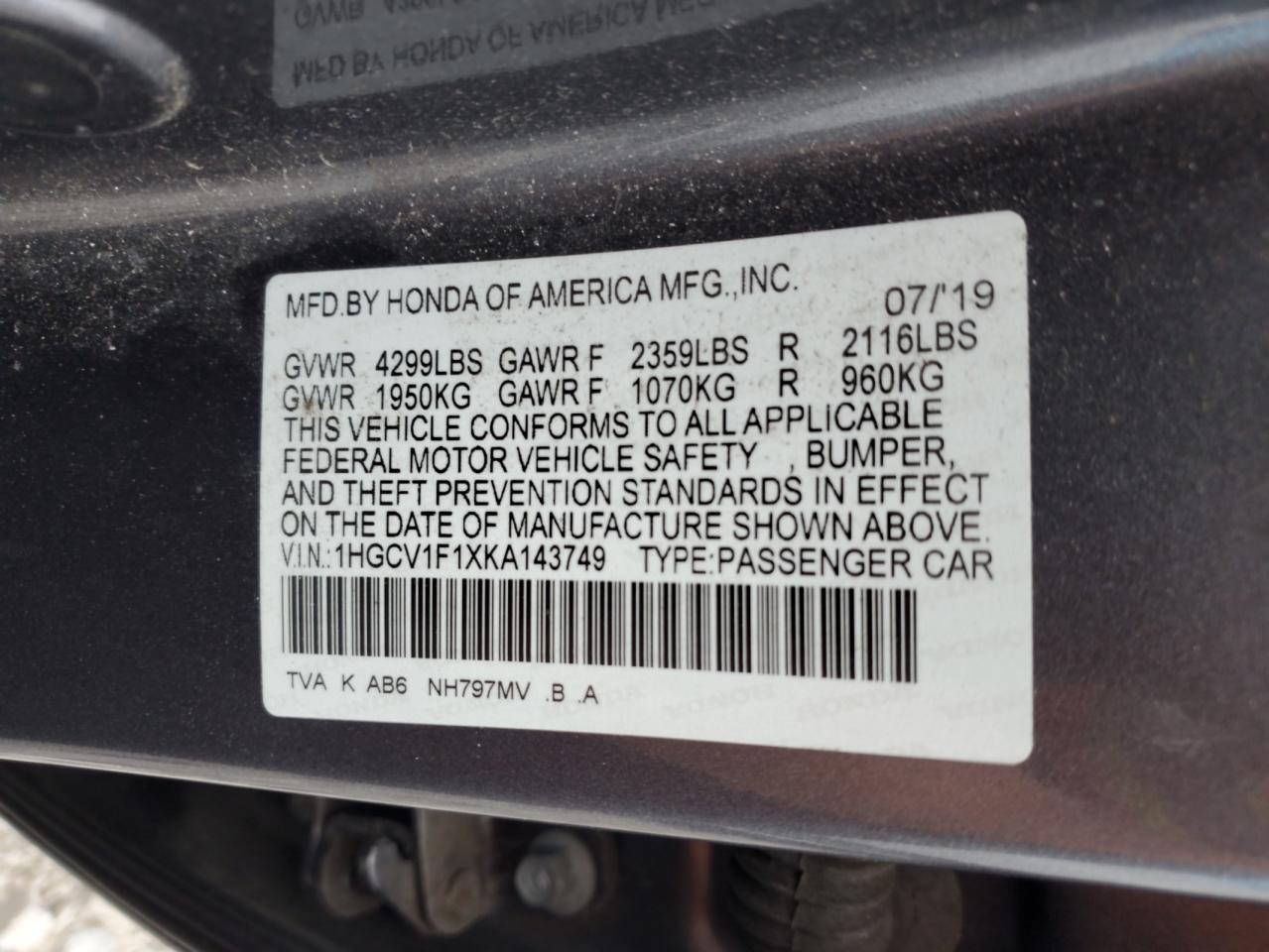 Lot #2969740300 2019 HONDA ACCORD LX