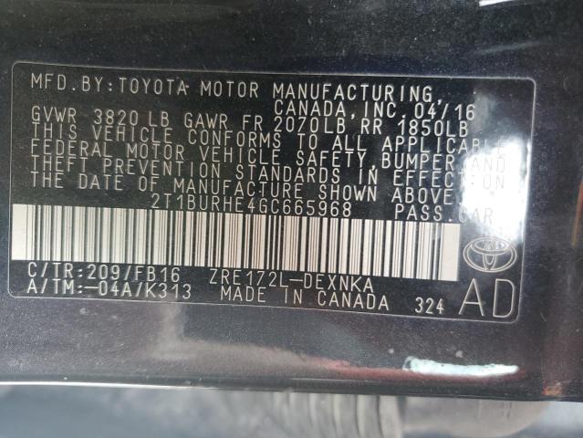 VIN 2T1BURHE4GC665968 2016 Toyota Corolla, L no.12