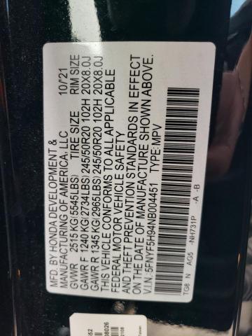 2022 HONDA PILOT TOUR - 5FNYF5H94NB004451
