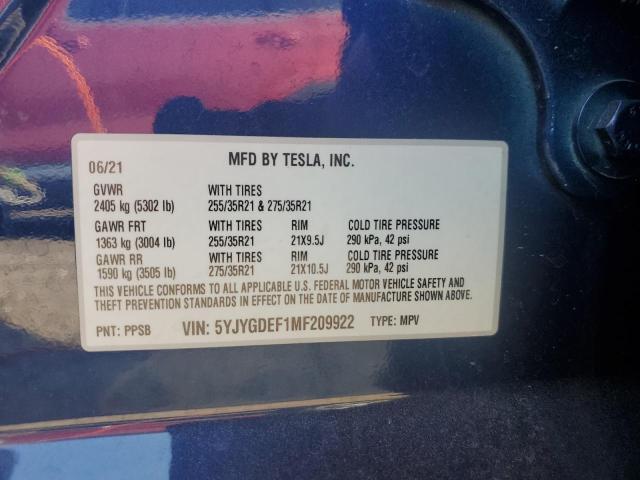 VIN 5YJYGDEF1MF209922 2021 TESLA MODEL Y no.12