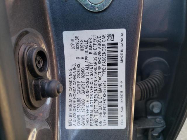 2HGFC2F81KH578912 2019 HONDA CIVIC
