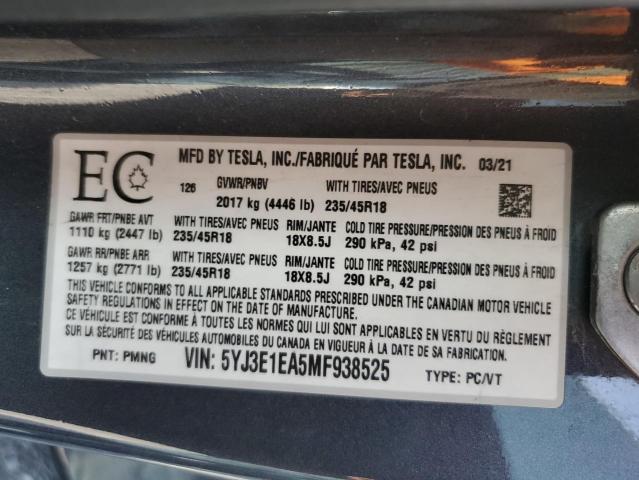 2021 TESLA MODEL 3 - 5YJ3E1EA5MF938525