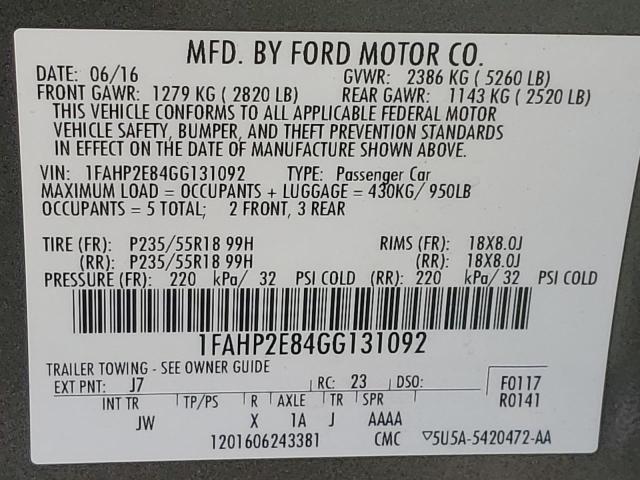 VIN 1FAHP2E84GG131092 2016 Ford Taurus, Sel no.12