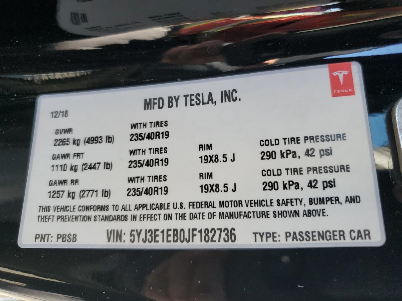 Lot #2960346746 2018 TESLA MODEL 3