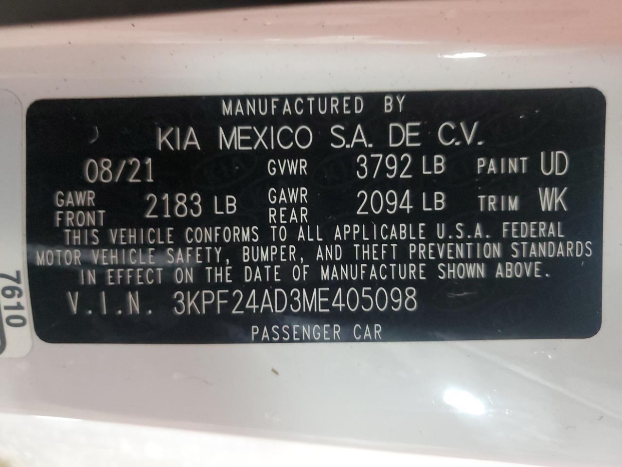 Lot #2987028810 2021 KIA FORTE FE