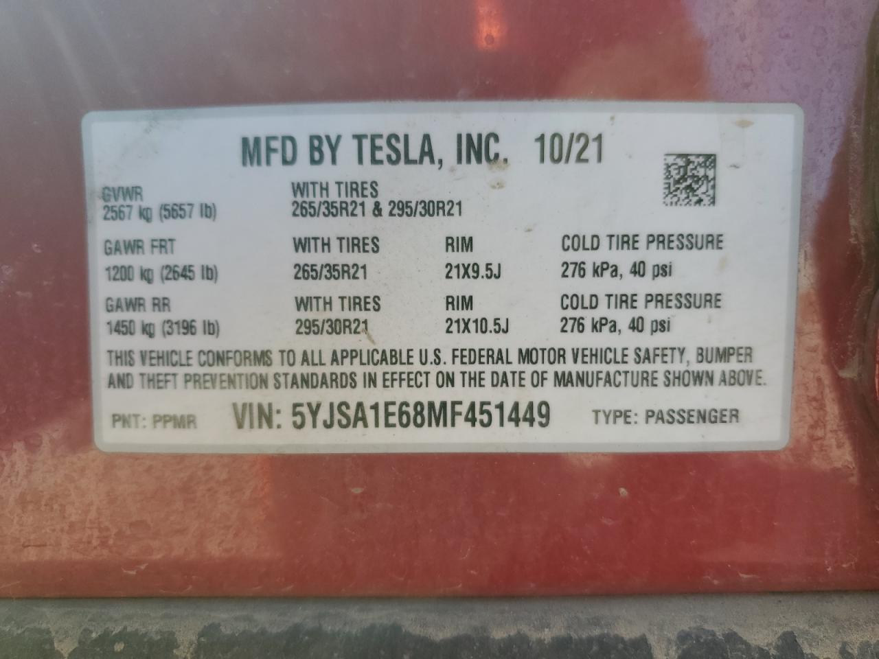 Lot #2996723798 2021 TESLA MODEL S