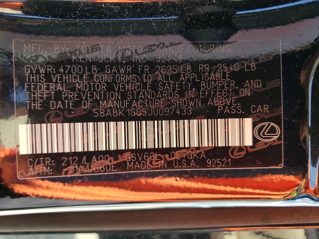 2018 LEXUS ES 350 3.5L 6 , VIN: 58ABK1GG5JU097433