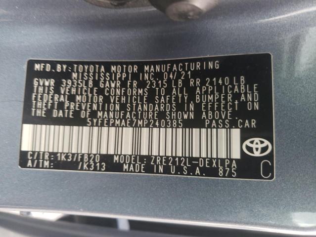 VIN 5YFEPMAE7MP240385 2021 Toyota Corolla, LE no.12