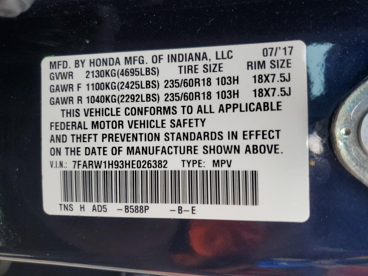 Lot #2935793838 2017 HONDA CR-V TOURI