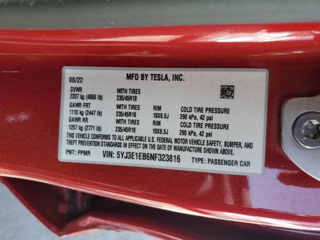 VIN 5YJ3E1EB6NF323816 2022 Tesla MODEL 3 no.13