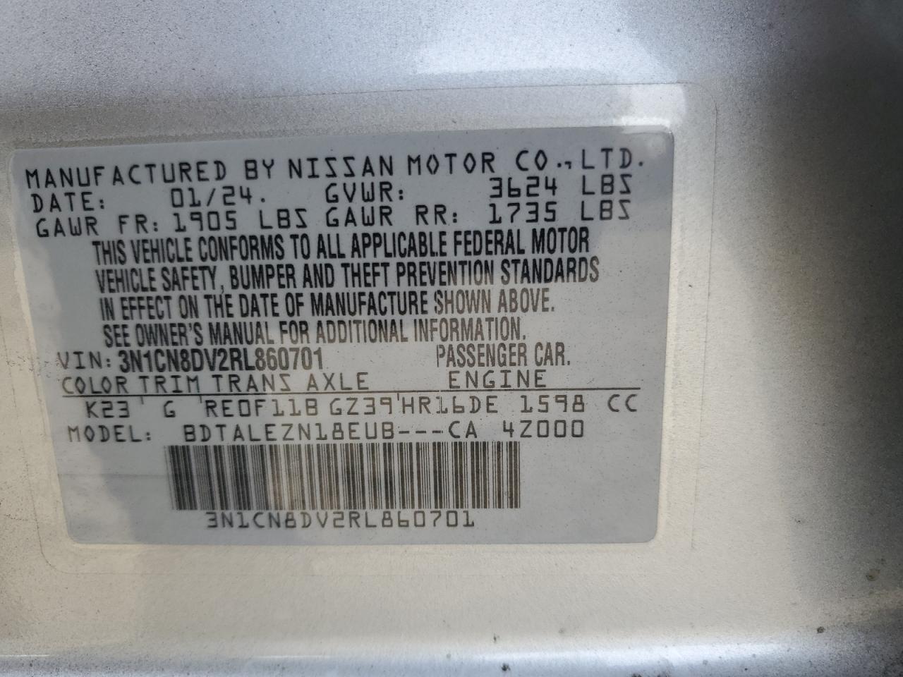 Lot #2948462922 2024 NISSAN VERSA S