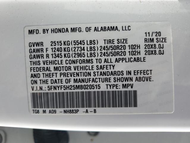 VIN 5FNYF5H25MB020515 2021 Honda Pilot, SE no.12