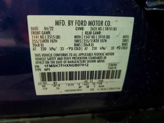 VIN 1FMSK7FHXNGB07012 2022 Ford Explorer, Limited no.13