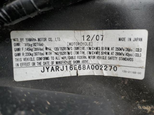 2008 YAMAHA YZFR6 JYARJ16E68A002270