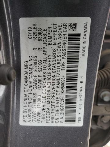 VIN 2HGFC2F65KH580984 2019 Honda Civic, LX no.13