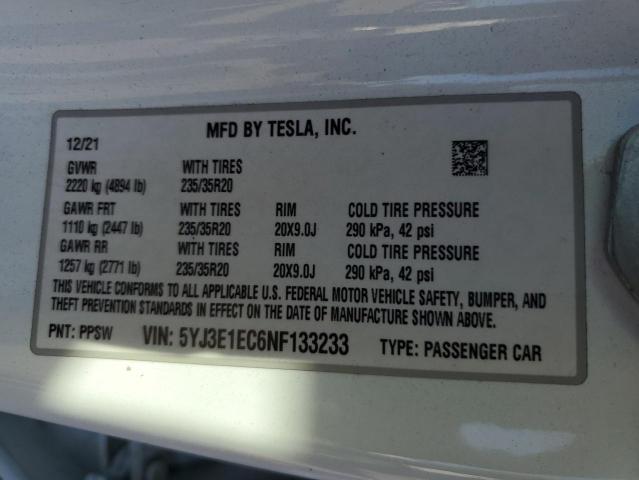 2022 TESLA MISC PARTS 5YJ3E1EC6NF133233