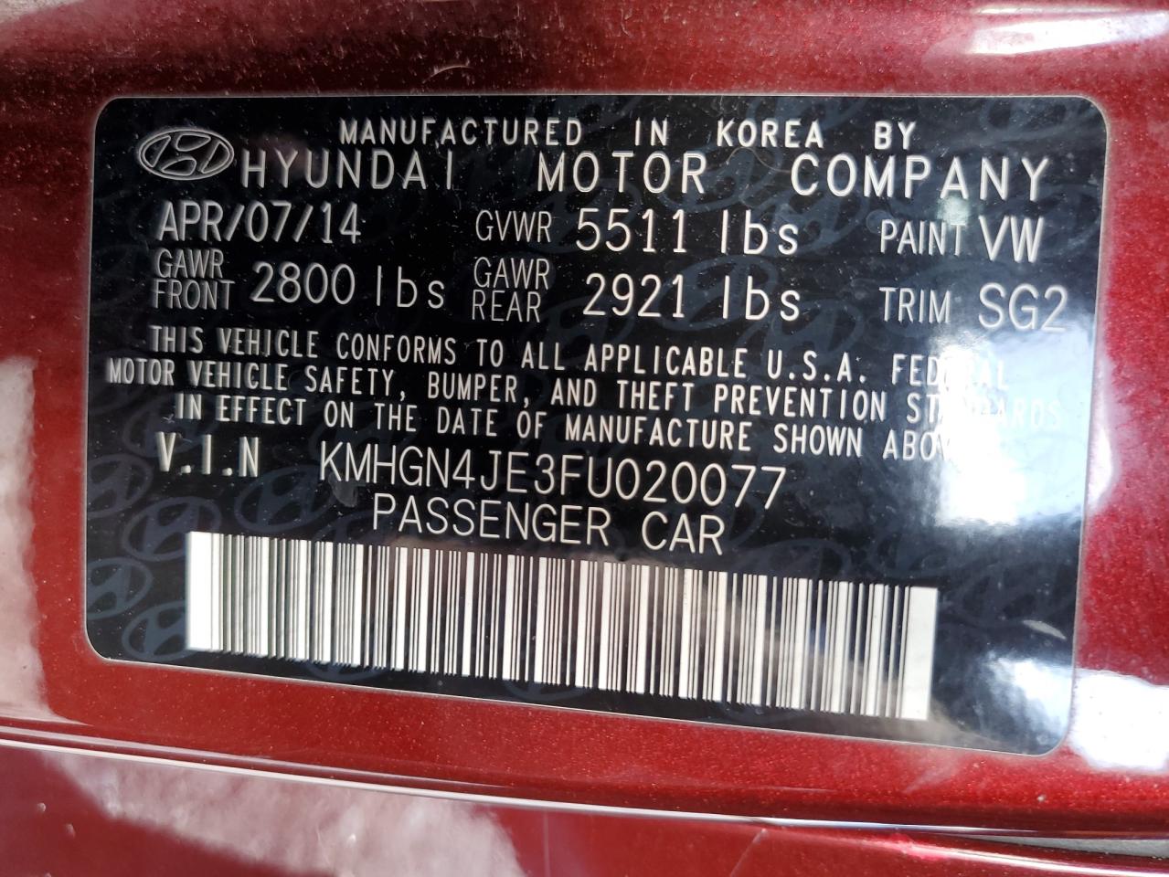 Lot #2945344464 2015 HYUNDAI GENESIS 3.