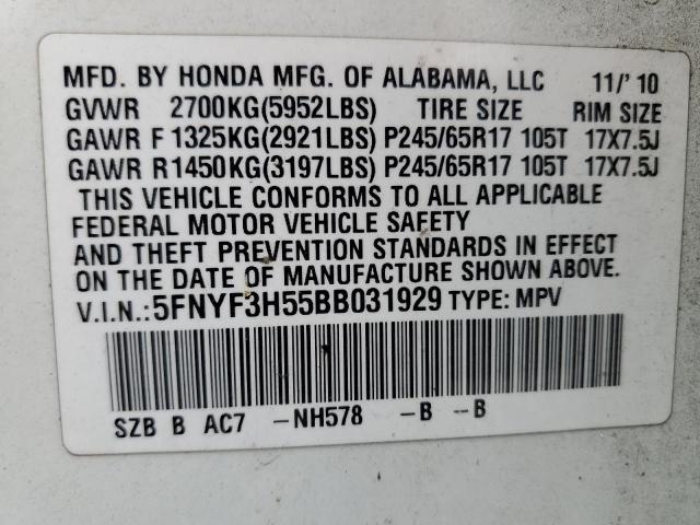 2011 HONDA PILOT EXL 5FNYF3H55BB031929  72144844