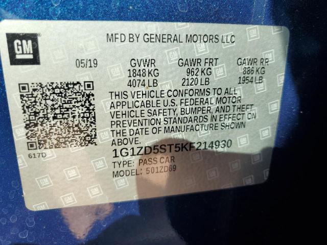 2019 CHEVROLET MALIBU LT - 1G1ZD5ST5KF214930