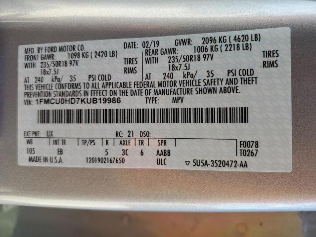 2019 FORD ESCAPE SEL - 1FMCU0HD7KUB19986