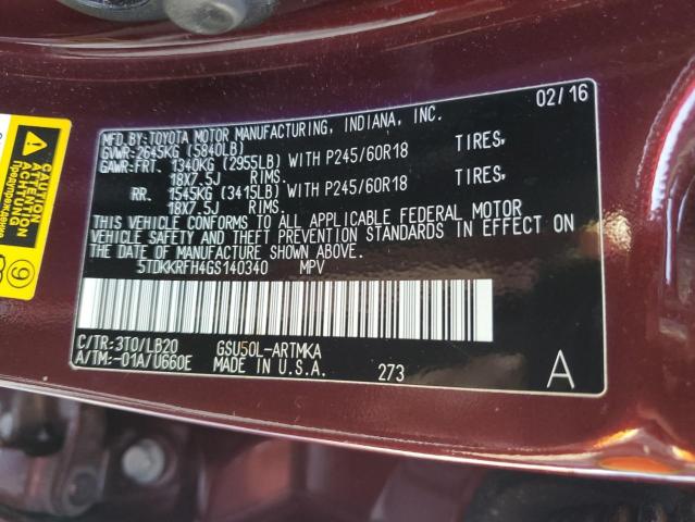 VIN 5TDKKRFH4GS140340 2016 Toyota Highlander, Xle no.14