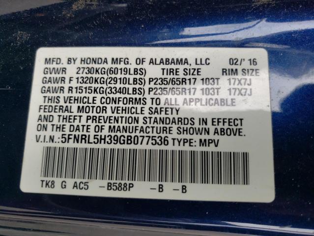 VIN 5FNRL5H39GB077536 2016 Honda Odyssey, SE no.13