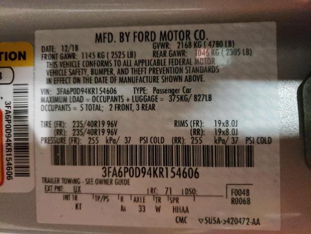 VIN 3FA6P0D94KR154606 2019 Ford Fusion, Titanium no.12