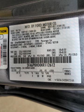 VIN 3FA6P0HD0KR112612 2019 Ford Fusion, SE no.12