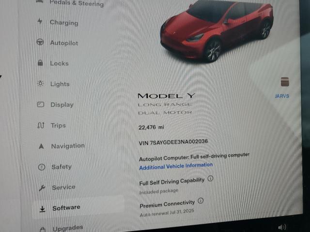 VIN 7SAYGDEE3NA002036 2022 Tesla MODEL Y no.9