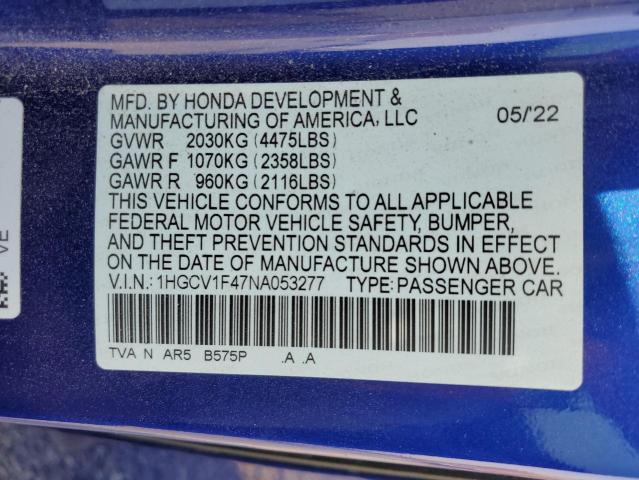 VIN 1HGCV1F47NA053277 2022 Honda Accord, Sport Se no.13