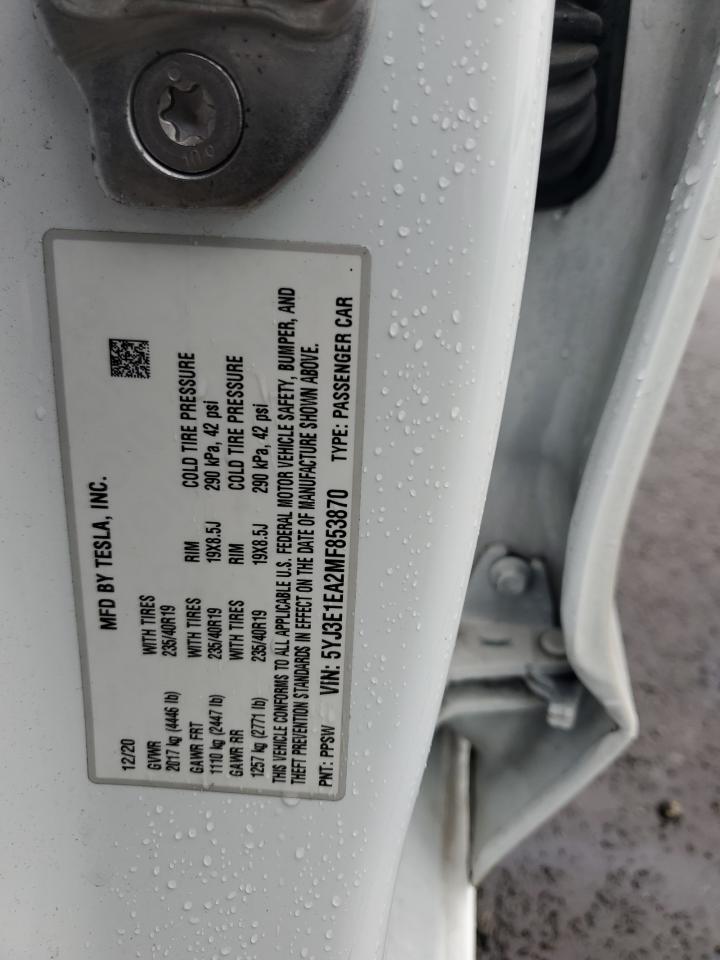 Lot #2969944911 2021 TESLA MODEL 3