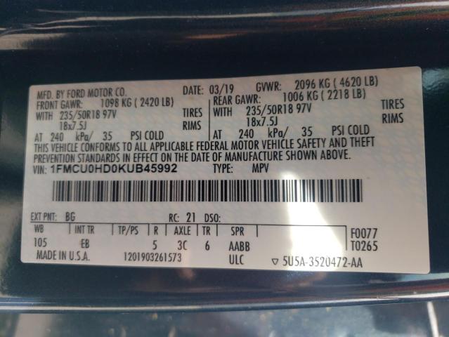 VIN 1FMCU0HD0KUB45992 2019 Ford Escape, Sel no.13