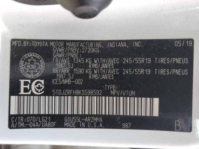2019 TOYOTA HIGHLANDER - 5TDJZRFH8KS598592