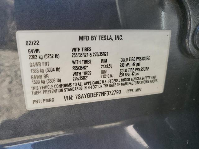 VIN 7SAYGDEF7NF372790 2022 Tesla MODEL Y no.12