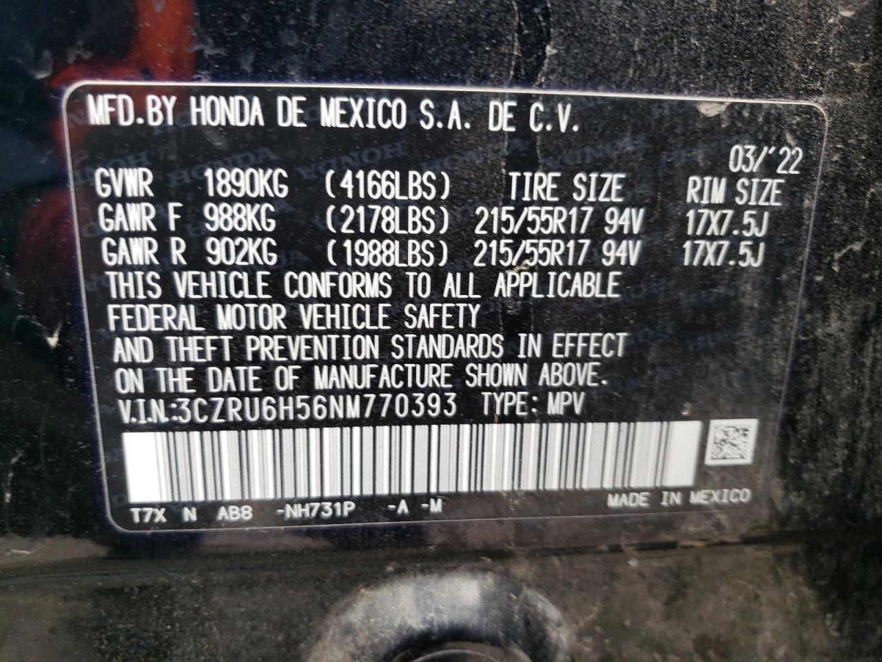 Lot #2926332535 2022 HONDA HR-V EX