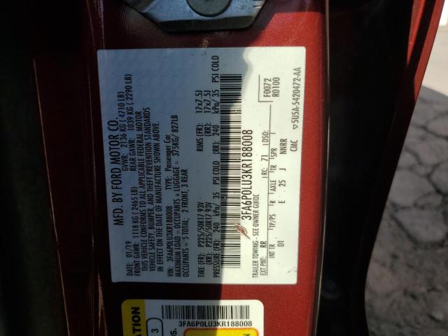 VIN 3FA6P0LU3KR188008 2019 Ford Fusion, SE no.12