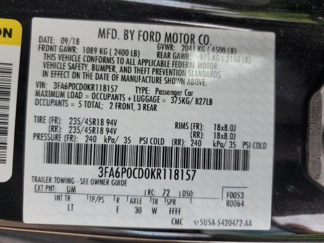 2019 FORD FUSION SEL - 3FA6P0CD0KR118157