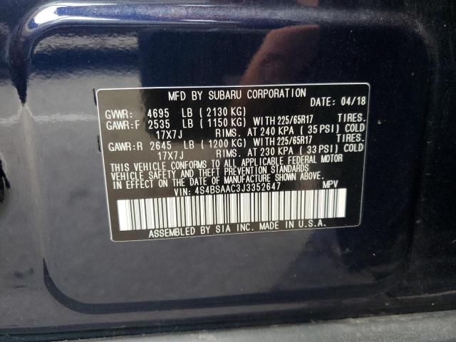 VIN 4S4BSAAC3J3352647 2018 Subaru Outback, 2.5I no.13