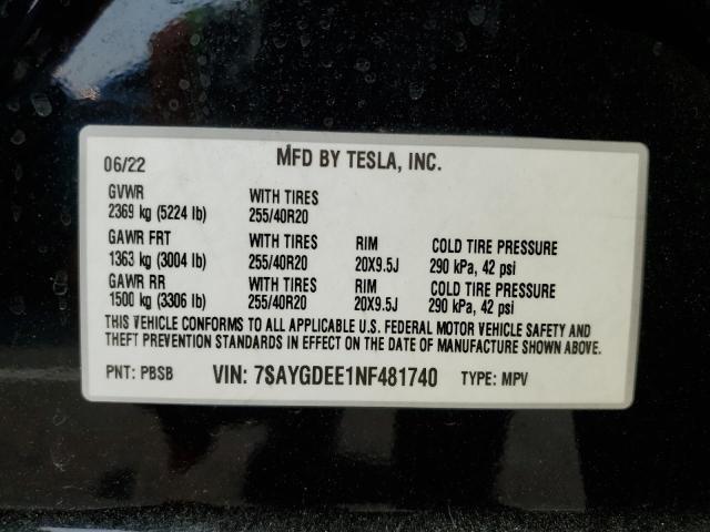 VIN 7SAYGDEE1NF481740 2022 Tesla MODEL Y no.12