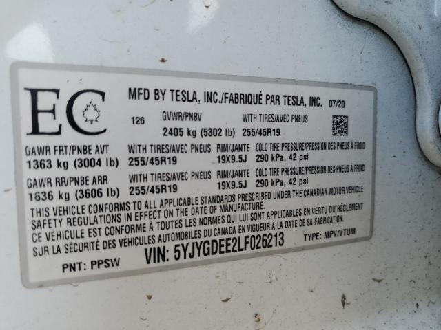 2020 TESLA MODEL Y - 5YJYGDEE2LF026213