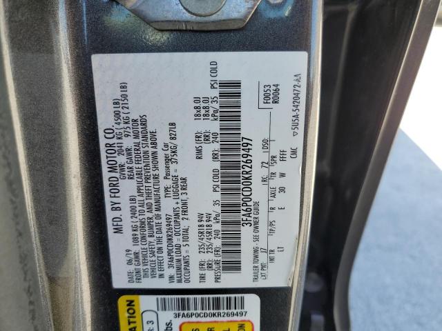 VIN 3FA6P0CD0KR269497 2019 Ford Fusion, Sel no.12