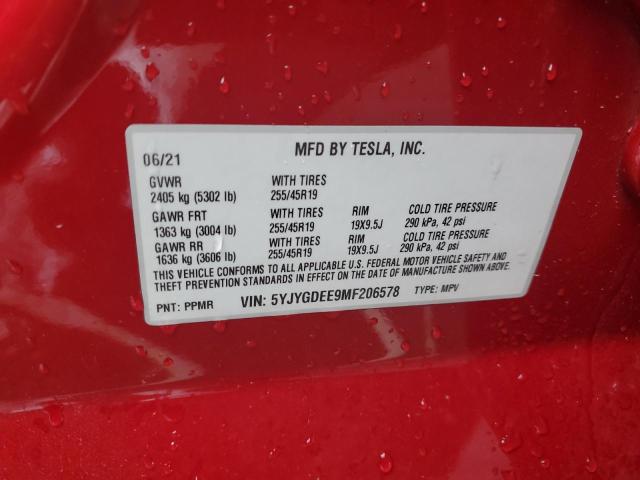 VIN 5YJYGDEE9MF206578 2021 Tesla MODEL Y no.12