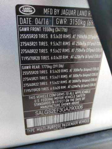 2016 LAND ROVER RANGE ROVE - SALGS2EF3GA290006