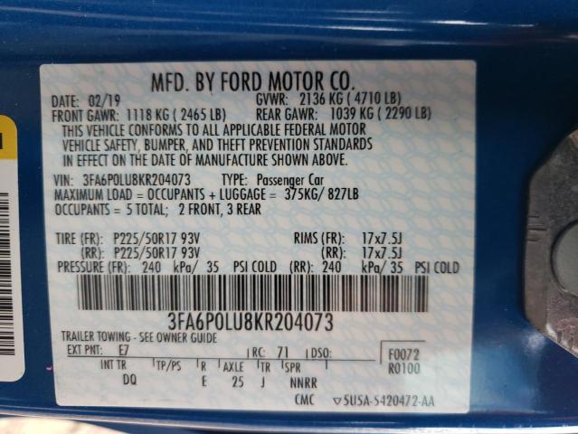 2019 FORD FUSION SE - 3FA6P0LU8KR204073