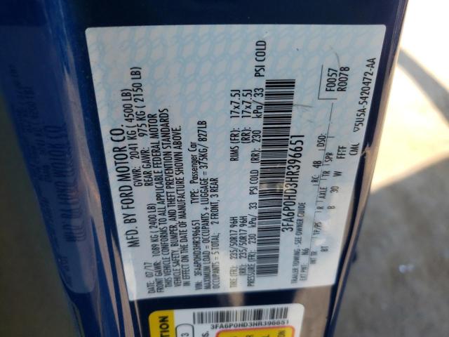 VIN 3FA6P0HD3HR396651 2017 Ford Fusion, SE no.12