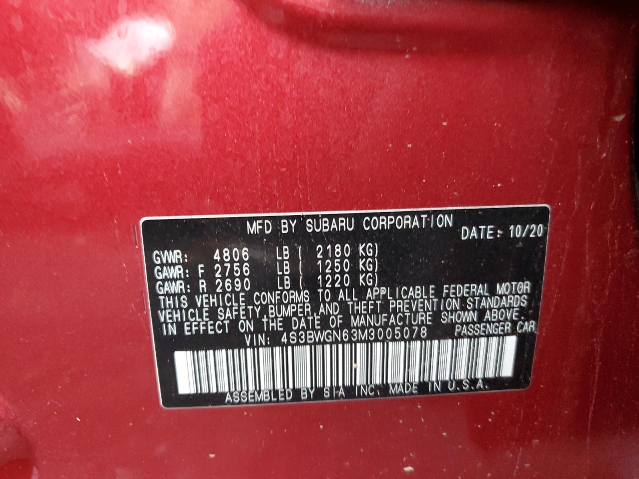 Lot #2921764567 2021 SUBARU LEGACY LIM