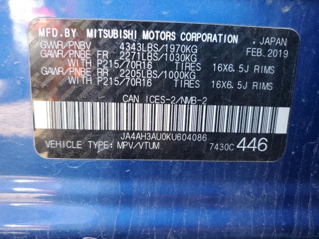 2019 MITSUBISHI RVR SE JA4AH3AU0KU604086