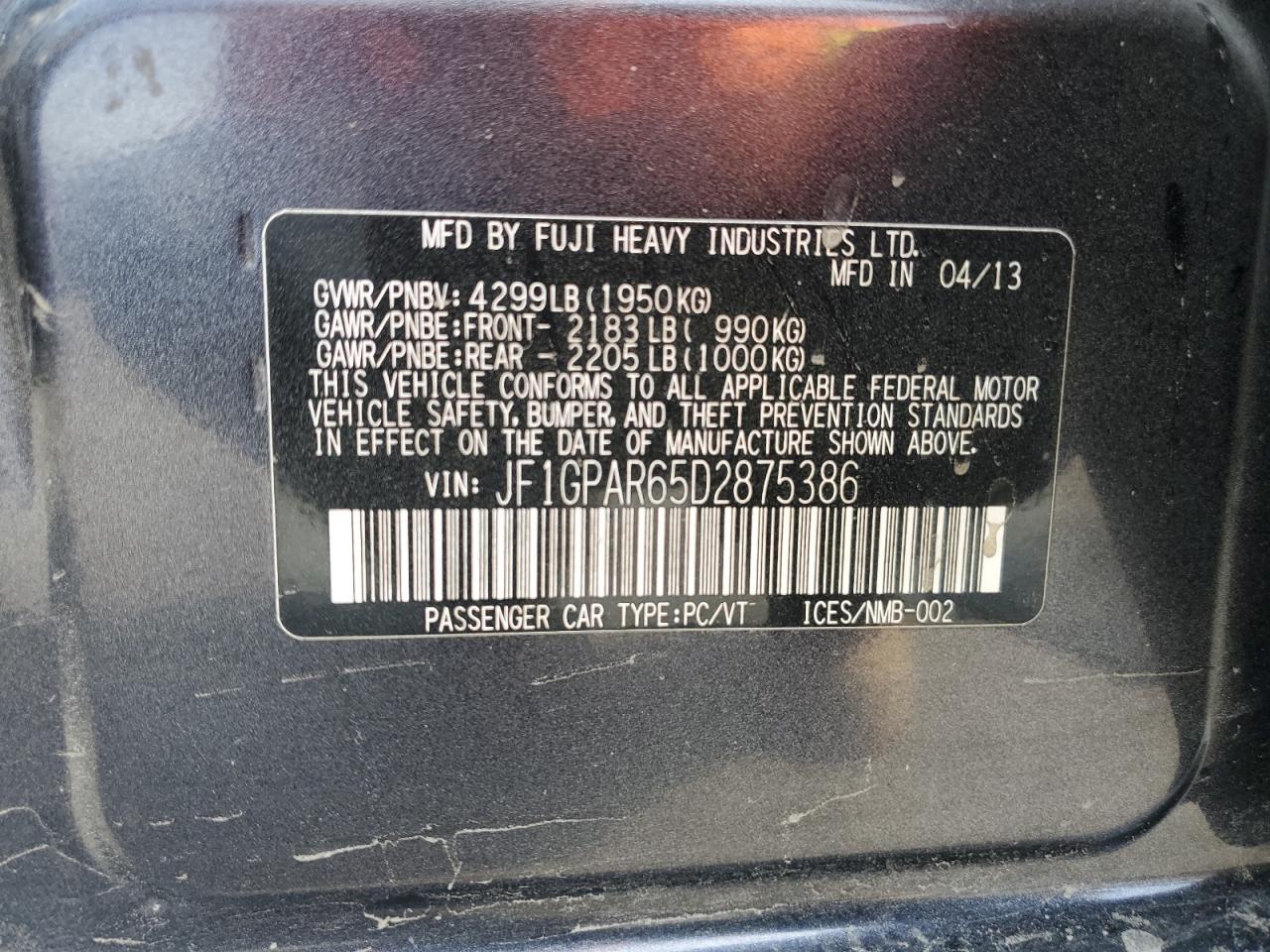 Lot #2879343349 2013 SUBARU IMPREZA SP