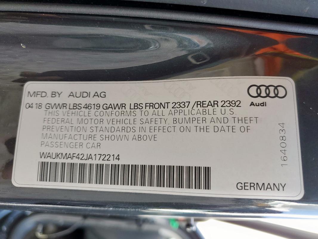 2018 AUDI A4 PREMIUM WAUKMAF42JA172214